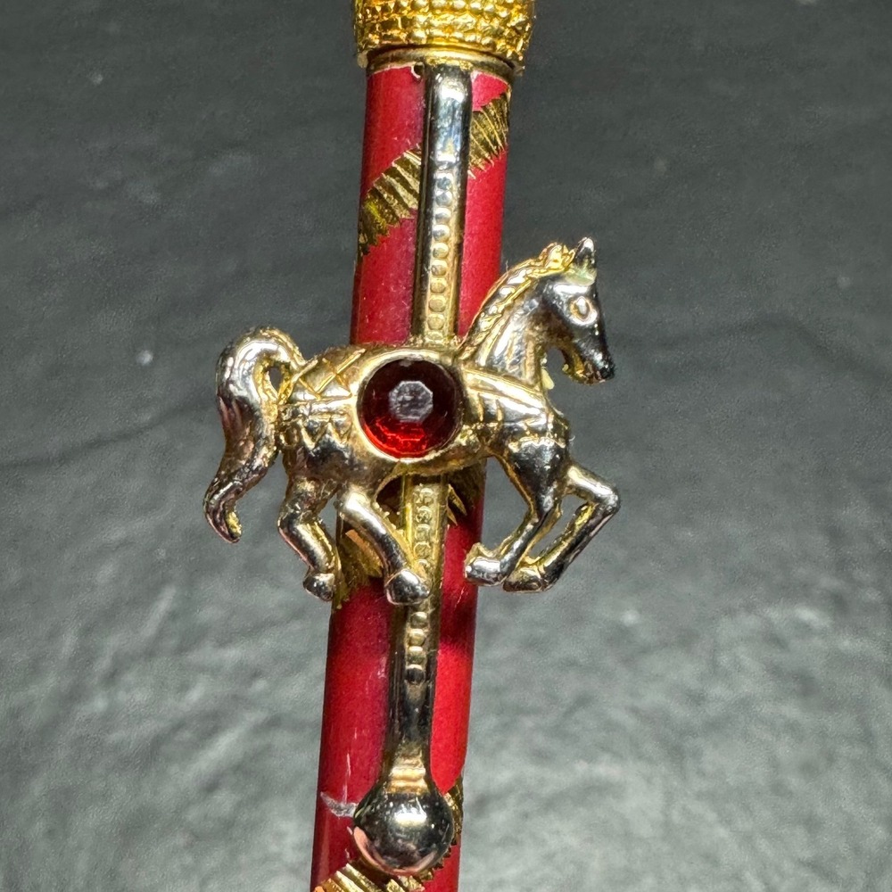 Vintage Carousel‎ Horse Ballpoint Pen Red Gold Tone Carnival Gemstone Accents